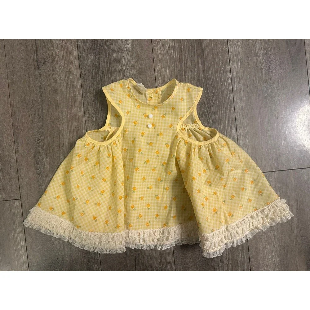Vintage Mini World Yellow Collared Full Prairie Floral Dress Lace Size 9-12 Mo